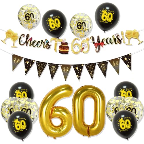 Geburtstag Dekorationen, Gold Geburtstag Dekorationen Mann Frau Weiß und Gold Luftballons Happy Birthday Banner Tischdecke Fransen Vorhang Kuchen Topper Papier Pom Poms 60 von YCYUYK