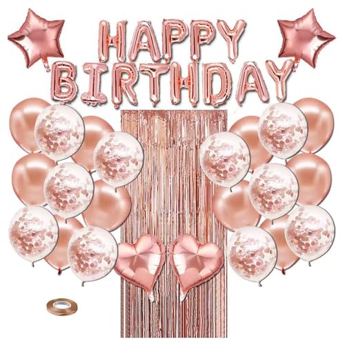 Geburtstag Party Dekoration, Happy Birthday Banner, Rose Gold Fransen Vorhang, Tischdecke, Herz Stern Konfetti Luftballons für Geburtstagsfeier Style-1 von YCYUYK