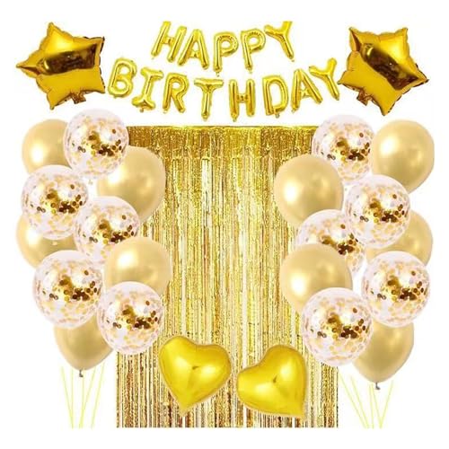 Geburtstag Party Dekoration, Happy Birthday Banner, Rose Gold Fransen Vorhang, Tischdecke, Herz Stern Konfetti Luftballons für Geburtstagsfeier Style-2 von YCYUYK