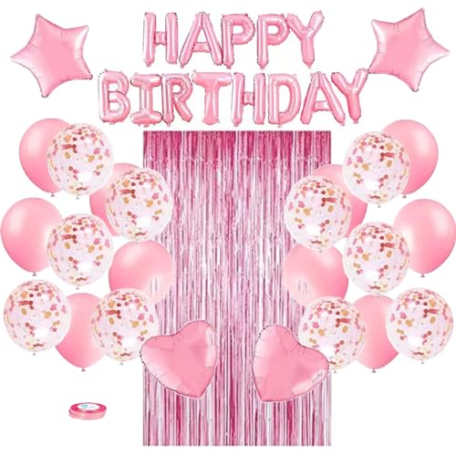Geburtstag Party Dekoration, Happy Birthday Banner, Rose Gold Fransen Vorhang, Tischdecke, Herz Stern Konfetti Luftballons für Geburtstagsfeier Style-5 von YCYUYK