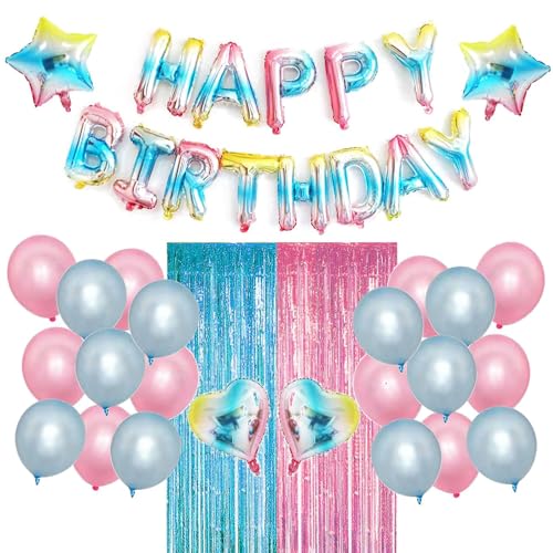 Geburtstag Party Dekoration, Happy Birthday Banner, Rose Gold Fransen Vorhang, Tischdecke, Herz Stern Konfetti Luftballons für Geburtstagsfeier Style-7 von YCYUYK