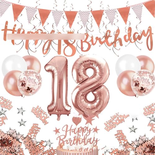 Geburtstagsparty-Dekorationen, Happy Birthday Partyzubehör für Männer Frauen umfassen Luftballons, Vorhänge, Banner, hängende Wirbel, Tischdecke, Teller, Kuchenaufsätze 18 von YCYUYK