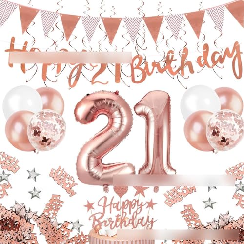 Geburtstagsparty-Dekorationen, Happy Birthday Partyzubehör für Männer Frauen umfassen Luftballons, Vorhänge, Banner, hängende Wirbel, Tischdecke, Teller, Kuchenaufsätze 21 von YCYUYK