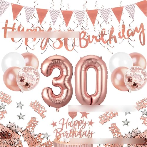 Geburtstagsparty-Dekorationen, Happy Birthday Partyzubehör für Männer Frauen umfassen Luftballons, Vorhänge, Banner, hängende Wirbel, Tischdecke, Teller, Kuchenaufsätze 30 von YCYUYK