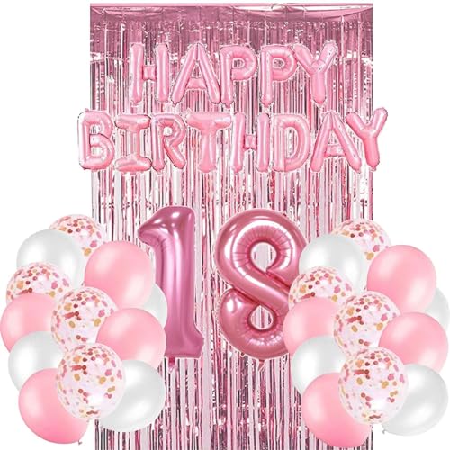 Rosa Geburtstag Party Dekoration, Happy Birthday Banner, Rose Gold Fransen Vorhang, Tischdecke, Herz Stern Konfetti Luftballons 18 von YCYUYK