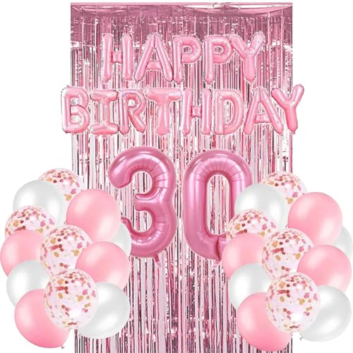 Rosa Geburtstag Party Dekoration, Happy Birthday Banner, Rose Gold Fransenvorhang, Tischdecke, Herz Stern Konfetti Luftballons 30 von YCYUYK
