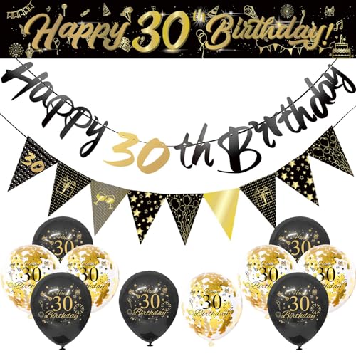 Schwarz und Gold Geburtstagsdekorationen, Happy Birthday Dekorationen mit Luftballons Bogen Kit, Banner Fransenvorhänge, Erwachsene Bday Party Supplies 30 von YCYUYK