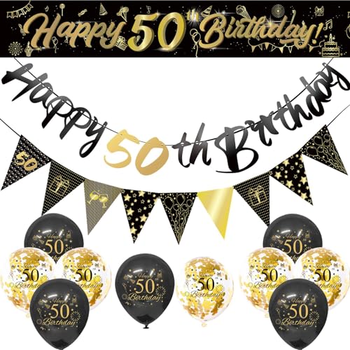 Schwarz und Gold Geburtstagsdekorationen, Happy Birthday Dekorationen mit Luftballons Bogen Kit, Banner Fransenvorhänge, Erwachsene Bday Party Supplies 50 von YCYUYK