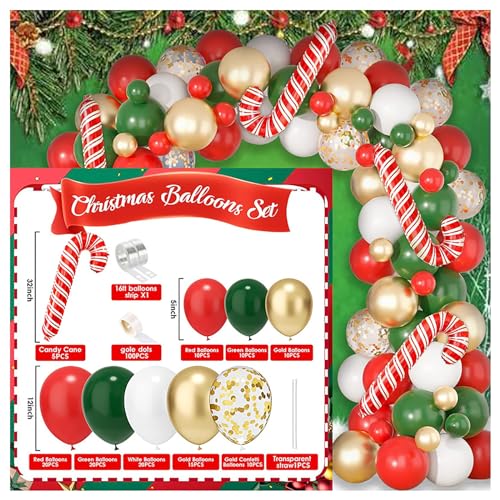 Weihnachtsballons Girlande Bogen Kit Xmas Rot Weiß Grün Urlaub Party Luftballons Dekorationen mit Zuckerstange Geschenkbox Rote Stern Ballons für Weihnachten Motto-Party Style-B von YCYUYK