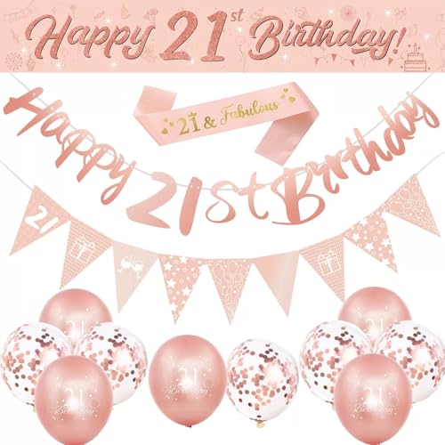 14 Stück 21 Geburtstag Dekorationen, Rose Gold 21st Party Supplies Für Männer Frauen Party Dekorationen, Einschließlich Happy Birthday Banner Straps Dreieck Flagge Wimpelkette Konfetti Latex Ballons von YDAKGUEY