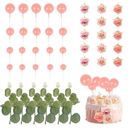45 Stück rosa Rose Kuchendekoration, Geburtstagstortenaufsätze mit künstlichen Blumenblättern, Palmenfächer-Dekorationen, Ballon-Cupcake-Einsatz-Topper für Geburtstag, Hochzeit, Jahrestag (Rosa) von YDAKGUEY