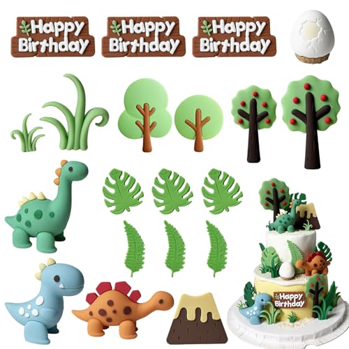 Dinosaurier-Kuchenaufsätze, Dinosaurier-Eier, Blätter, Gräser, Kuchendekorationen mit Happy Birthday-Schild, Dinosaurier-Themenparty-Dekoration für Kindergeburtstag, Babyparty, Partyzubehör, 20 Stück von YDAKGUEY
