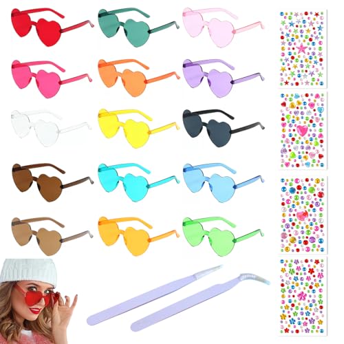 YDAKGUEY 22 Stück Herz-Sonnenbrillen, 15 Herz-Sonnenbrillen, bunte Freundschaftsbrillen mit 5 Bögen Buchstaben- und Strass-Aufklebern und 2 Pinzetten, Partygeschenk für Geburtstag von YDAKGUEY
