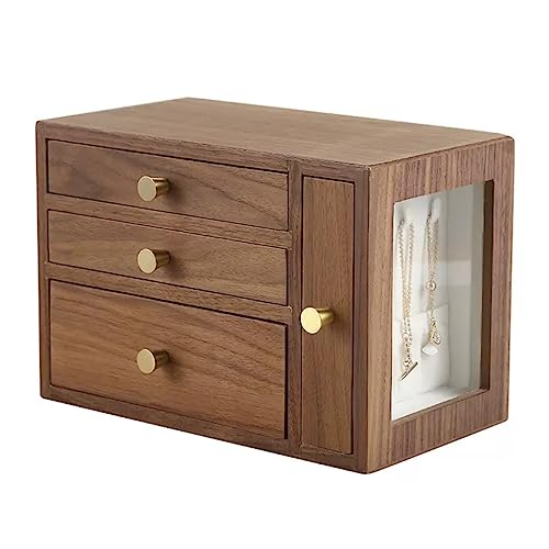 YDHSIKK Schmuckaufbewahrungsbox Reise-Kosmetikaufbewahrung Schmuckschatulle aus Holz mit Glasfenster, 4-lagig, Walnuss, 25,5 x 14,5 x 17,5 cm (10 x 5,7 x 6,8 Zoll) von YDHSIKK