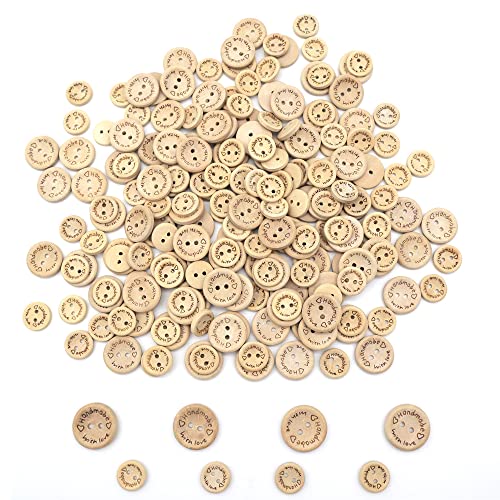 YDHfdc 200 Stücke Handmade Buttons Handmade with Love Wooden Buttons 2 Holes Natural Wood Buttons Craft Buttons für DIY Nähen Bastel Bedarf/20mm 15mm von YDHfdc