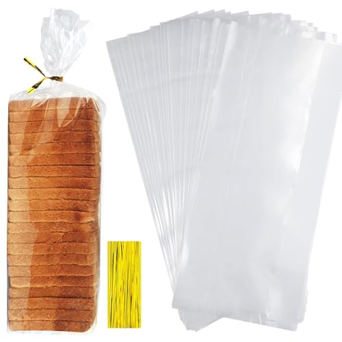 100 Pack Klare Polypropylen -brotbeutel Für Bäckerei, Handgefertigte Brote, Brötchen Und Gebäck - Lebensmittel Sicher, Extra, Transparent Mit 100 Gold -twist -krawatten(Size:3×4in（7.6×10.2cm）) von YDJIANCAI
