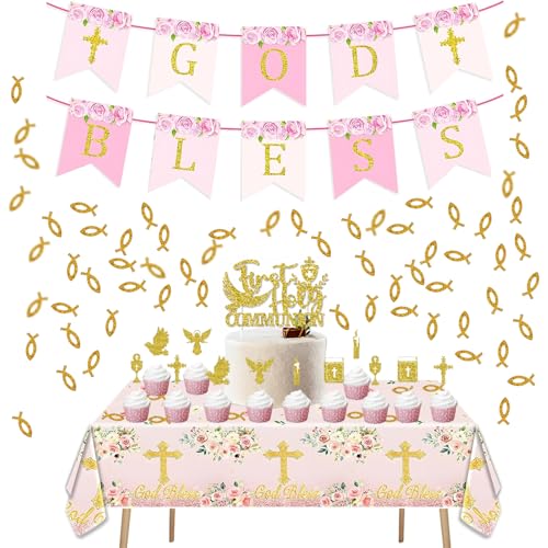 Kommunion Deko, 135-teiliges Kommunionsdeko-Set für Mädchen – Tischdecke (130x220cm, rosa), Kommunionsbanner (5m), Tortendeko (1 Topper + 12 Cupcake-Picker), 100 goldene Fischkonfetti von YDNURSCT