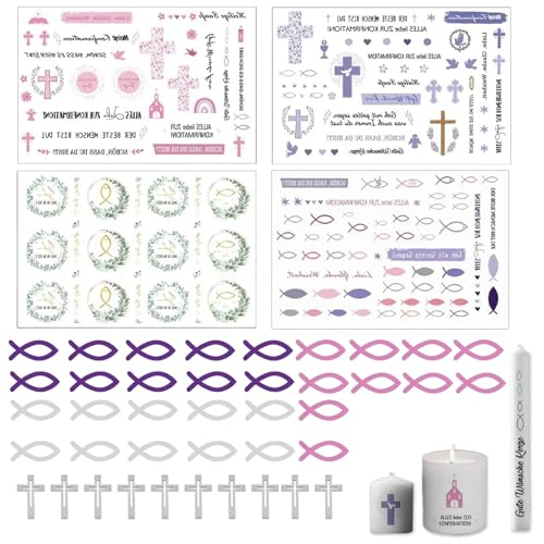 YDNURSCT Kerzen-Dekorationsset für Kommunion und Taufe – 4 Wassertransfer-Tattoos (14 x 19 cm), 30 Fische (4 cm), 10 Holzkreuze (5 cm), in Weiß, Rosa, Lila – Perfekt für festliche Anlässe von YDNURSCT