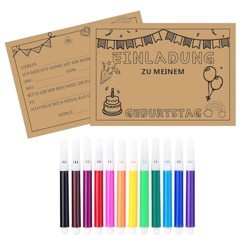 YDUNARISE 12er Set Einladungskarten Kindergeburtstag,Kreativität Einladung Kindergeburtstag für Jungen/Mädchen,DIY-Einladungskarte zum Geburtstag – mit Buntstiften Individuell Ausmalbar (Kraftpapier) von YDUNARISE