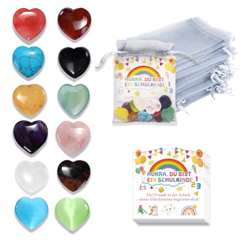 YDUNARISE 36pcs Geschenke zur Einschulung,Glückssteine für Kinder,mit 12x Mutstein zur Einschulung & Ermutigungskarte & Organzabeutel,Glücksbringer Mitgebsel für Schulkind (Mutstein zur Einschulung) von YDUNARISE