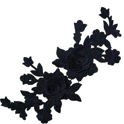YDYAENIO 2 PCS Black White 3D Roses Flowers Embroidery Sew On Patches Sewn Applique Embroidered DIY Clothes für Hochzeitskleid Kostüme(Black) von YDYAENIO