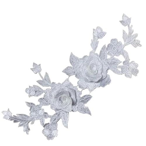 YDYAENIO 2 PCS Black White 3D Roses Flowers Embroidery Sew On Patches Sewn Applique Embroidered DIY Clothes für Hochzeitskleid Kostüme(White) von YDYAENIO