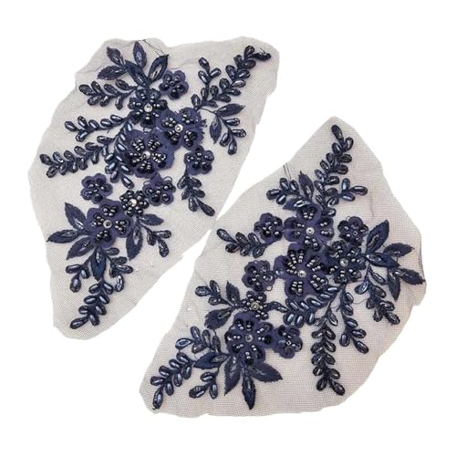YDYAENIO 2PCS 21 * 22CM 3D Beaded Flower Gown Appliques Sewing Patch Lace Sequin Embroidery Applique Sew On Patches for Dresses für Hochzeitskleid Kostüme(Dark Blue) von YDYAENIO