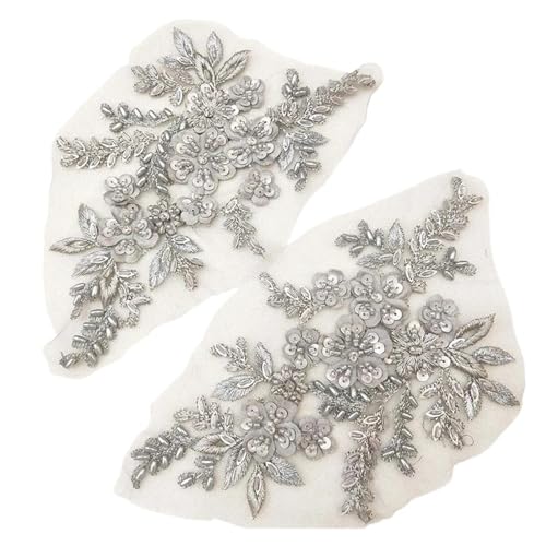 YDYAENIO 2PCS 21 * 22CM 3D Beaded Flower Gown Appliques Sewing Patch Lace Sequin Embroidery Applique Sew On Patches for Dresses für Hochzeitskleid Kostüme(Grey) von YDYAENIO