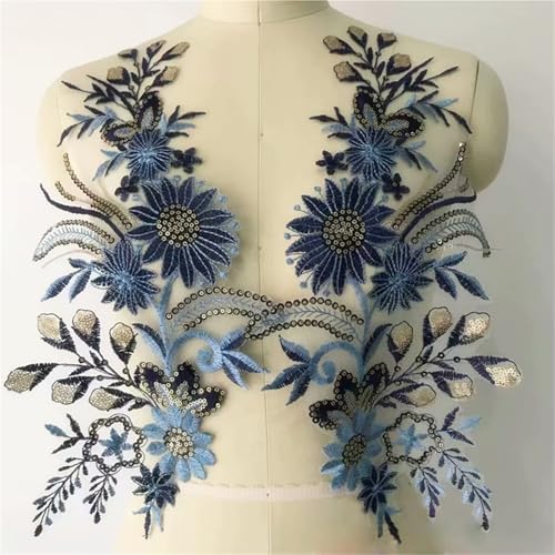 YDYAENIO 2Pcs/Set Trim Embroidery Applique Sequins Yarn Trim Sew On Accessories for Clothing Dress Patch Scrapbooking für Hochzeitskleid Kostüme(Style2 Blue) von YDYAENIO