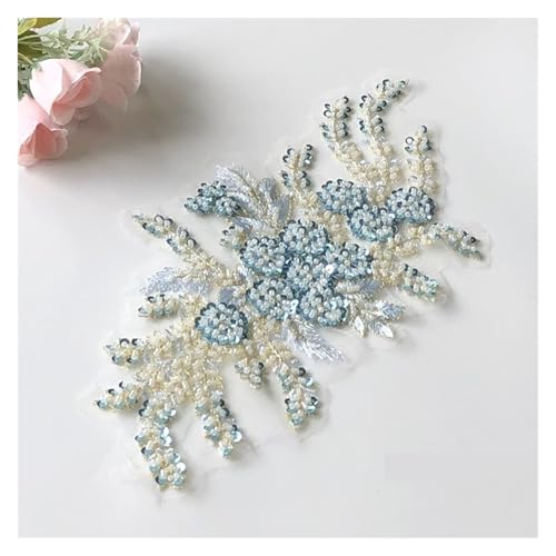 YDYAENIO 2Pcs Flower Beaded Embroidery Patch Mesh Fabric Lace Applique Sew Wedding Dress Decoration für Hochzeitskleid Kostüme(Blue) von YDYAENIO