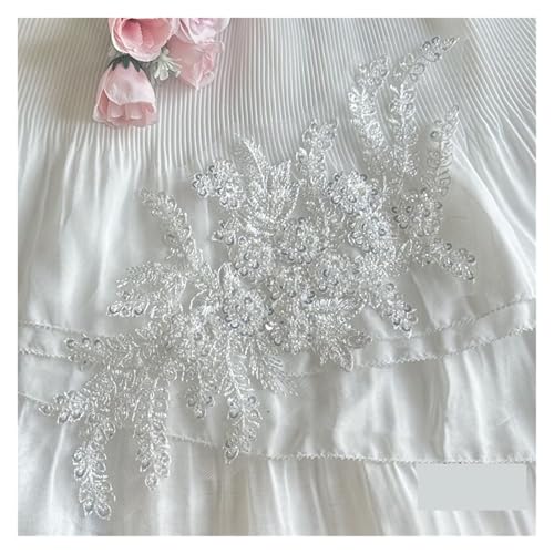 YDYAENIO 2Pcs Flower Beaded Embroidery Patch Mesh Fabric Lace Applique Sew Wedding Dress Decoration für Hochzeitskleid Kostüme(White) von YDYAENIO