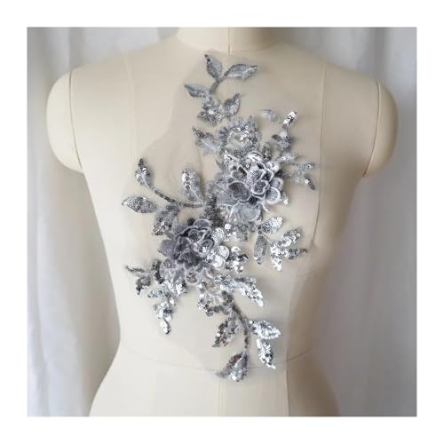YDYAENIO 2Pcs Silver Sequin Embroidered Lace Applique Sewing Flower Fabric Patch for Wedding Gown Bridal Dress Clothes Decoration DIY Crafts für Hochzeitskleid Kostüme von YDYAENIO