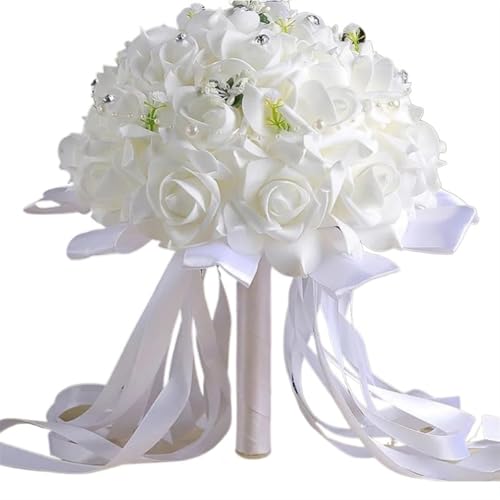 YDYAENIO Braut Hochzeitsstrauß Schaum Kunstblumen Weißer Rosenstrauß Weiß Handgeworfene Blumen für Haus Hochzeit(White) von YDYAENIO
