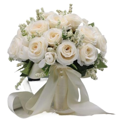YDYAENIO Halten Blumen Künstliche Rose Hochzeit Bouquet mit Seide Satin Band Brautjungfer Braut Party für Haus Hochzeit(White A) von YDYAENIO