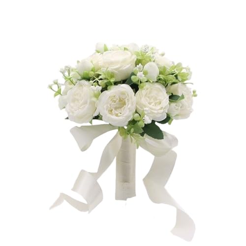 YDYAENIO Halten Blumen Künstliche Rose Hochzeit Bouquet mit Seide Satin Band Brautjungfer Braut Party für Haus Hochzeit(White B) von YDYAENIO
