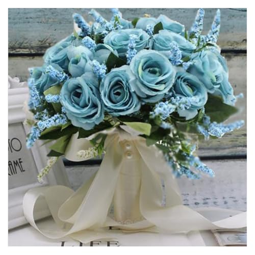 YDYAENIO Halten Blumen Künstliche Rose Hochzeit Bouquet mit Seide Satin Band Rosa Weiß Brautjungfer Braut Party für Haus Hochzeit(Blue) von YDYAENIO