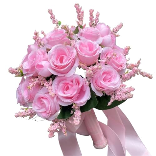 YDYAENIO Halten Blumen Künstliche Rose Hochzeit Bouquet mit Seide Satin Band Rosa Weiß Brautjungfer Braut Party für Haus Hochzeit(Pink) von YDYAENIO
