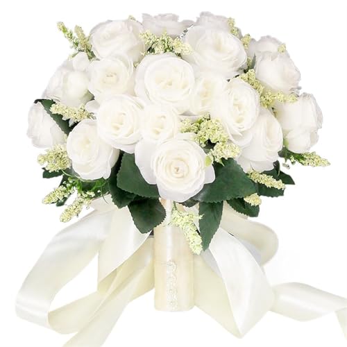 YDYAENIO Hochzeit Bouquet Braut Hochzeit Zubehör Seide Band Künstliche Rosen Halten Blumen Braut Mariage Bouquet für Haus Hochzeit(White) von YDYAENIO