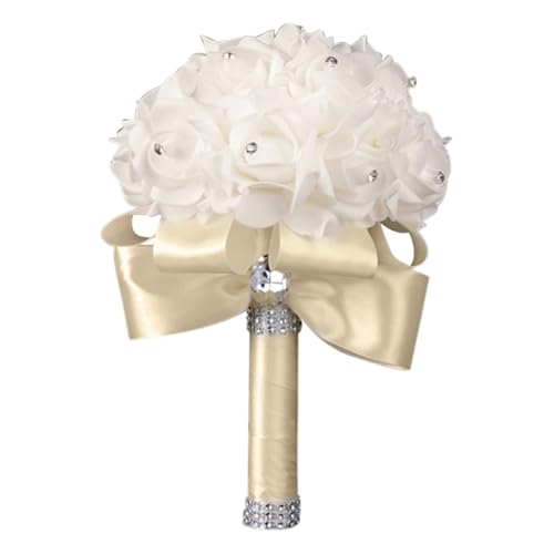 YDYAENIO Künstliche Blume Rose Brautjungfer Hochzeit Schaum Blumen Rose Brautstrauß Band gefälschte Hochzeit Bouquet für Haus Hochzeit(Beige) von YDYAENIO
