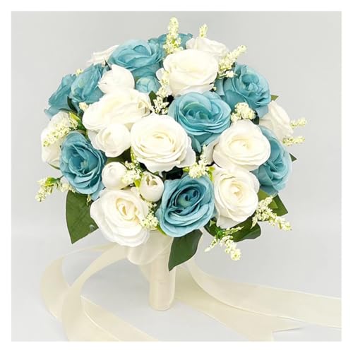 YDYAENIO Künstliche Braut Brautjungfer Hochzeit Bouquet Silk Band Rosen Halten Blumen Braut Mariage Bouquet Hochzeit Zubehör Gefälligkeiten für Haus Hochzeit(Blue) von YDYAENIO