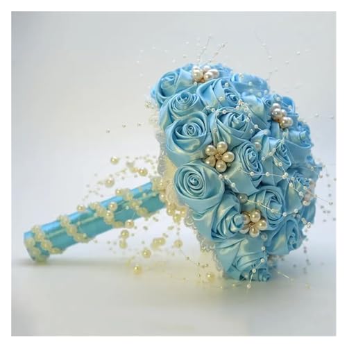 YDYAENIO Schöne künstliche Rose Band Blumen Perlen Perlen Brautstrauß Brautjungfer Hochzeit Bouquets für Haus Hochzeit(Light Blue) von YDYAENIO