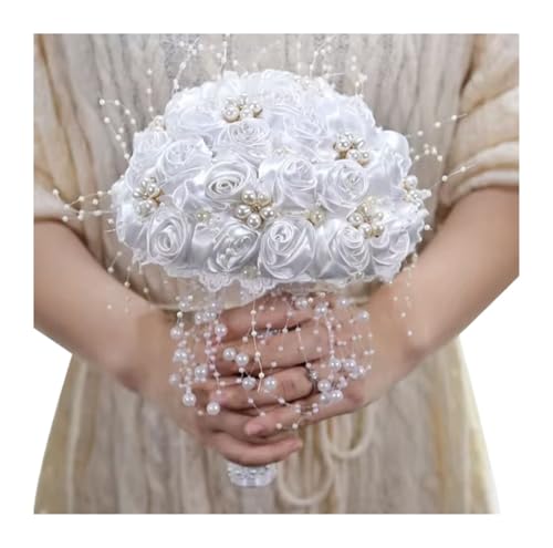 YDYAENIO Schöne künstliche Rose Band Blumen Perlen Perlen Brautstrauß Brautjungfer Hochzeit Bouquets für Haus Hochzeit(White) von YDYAENIO