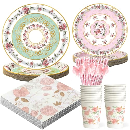 120-teiliges Partygeschirr-Set mit Blumenmotiv, Papiergeschirr, Pastellblumen, Teller, Becher, Servietten (20 Gäste) von YEAHLEE