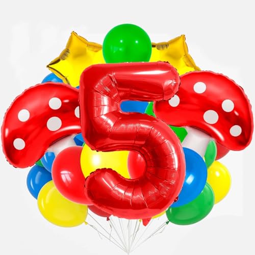 Pilz Ballon, 21 PCS Luftballons Bunt, Luftballons Geburtstag 5, Rot Blau Gelb Grün Latexballons, Stern Pilz Folienballons, Cartoon Dekorationen für Kindergeburtstagsparty Pilz Ballon, 21 PCS Luftballons Bunt, Luftballons Geburtstag 5, Rot Blau Gelb Grün Latexballons, Stern Pilz Folienballons, Cartoon Dekorationen für Kindergeburtstagsparty von YEAMLTE