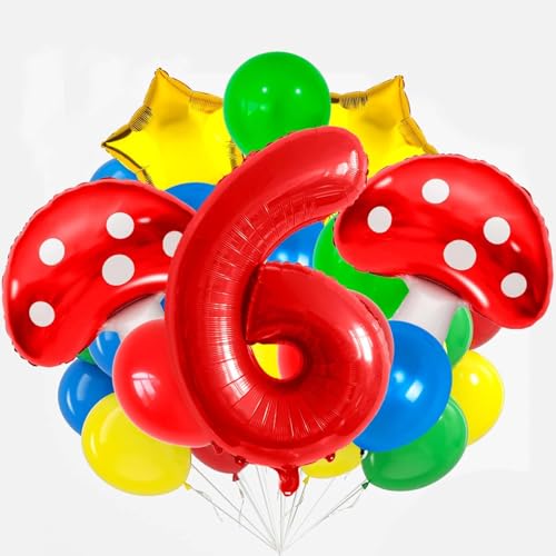 Pilz Ballon, 21 PCS Luftballons Bunt, Luftballons Geburtstag 6, Rot Blau Gelb Grün Latexballons, Stern Pilz Folienballons, Cartoon Dekorationen für Kindergeburtstagsparty Pilz Ballon, 21 PCS Luftballons Bunt, Luftballons Geburtstag 6, Rot Blau Gelb Grün Latexballons, Stern Pilz Folienballons, Cartoon Dekorationen für Kindergeburtstagsparty von YEAMLTE
