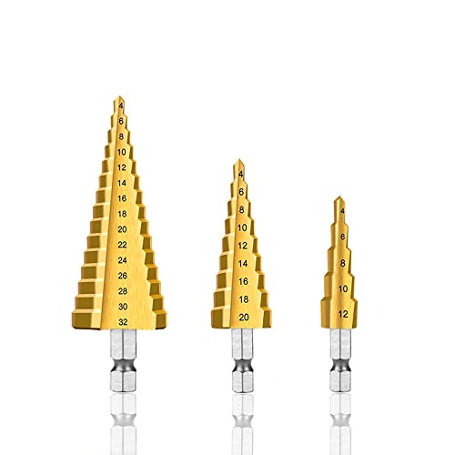 Stufenbohrer Set 3 Stück HSS Step Drill Bit 4-12/4-20/4-32 mm Hex Shank Stufenbohrer für PVC, Holz, Metall, Aluminium, Kupfer Stufenbohrer Set 3 Stück HSS Step Drill Bit 4-12/4-20/4-32 mm Hex Shank Stufenbohrer für PVC, Holz, Metall, Aluminium, Kupfer von YEBOCIYO
