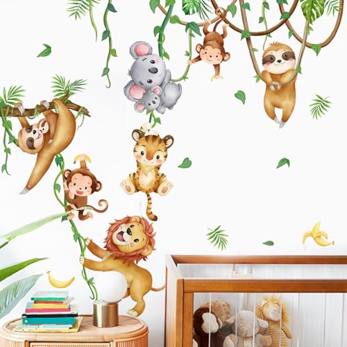 Wandtattoo Dschungel Tiere,Wandtattoo Dschungel Tiere Wandaufkleber Ranken Löwen, Affen, Koala-Tiere, Perfekt für Babyzimmer Kinderzimmer Garten Wohnzimmer Wanddekoration von YEELIKE