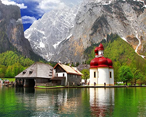 YEESAM ART Malen nach Zahlen für Erwachsene Kinder - Königssee Alps 16x20 Zoll Leinen Segeltuch - DIY ölgemälde ölfarben Weihnachten Geschenke (Landschaft, mit Rahmen) von YEESAM ART