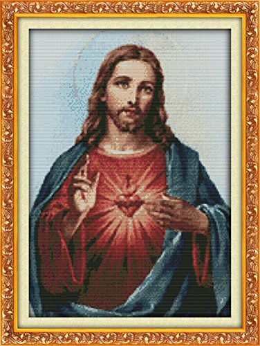 YEESAM ART® Kreuzstich-Set, Motiv Heiliges Herz Jesus, 14 Fäden, 34 x 47 cm, Weiß von YEESAM ART