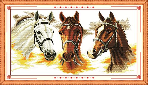 YEESAM ART® Kreuzstich-Set Advanced – Drei Pferde, 14-fädig, 55 x 32 cm, weiße Leinwand – Nadelarbeit, Weihnachtsgeschenke von YEESAM ART